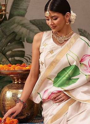 White printed silk blend ethnic saree with blouse piece 4