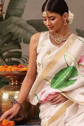 White printed silk blend ethnic saree with blouse piece