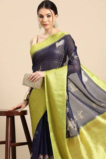 Navy blue printed silk blend ethnic saree with blouse piece