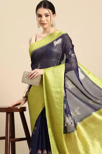Navy blue printed silk blend ethnic saree with blouse piece