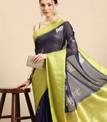 Navy blue printed silk blend ethnic saree with blouse piece