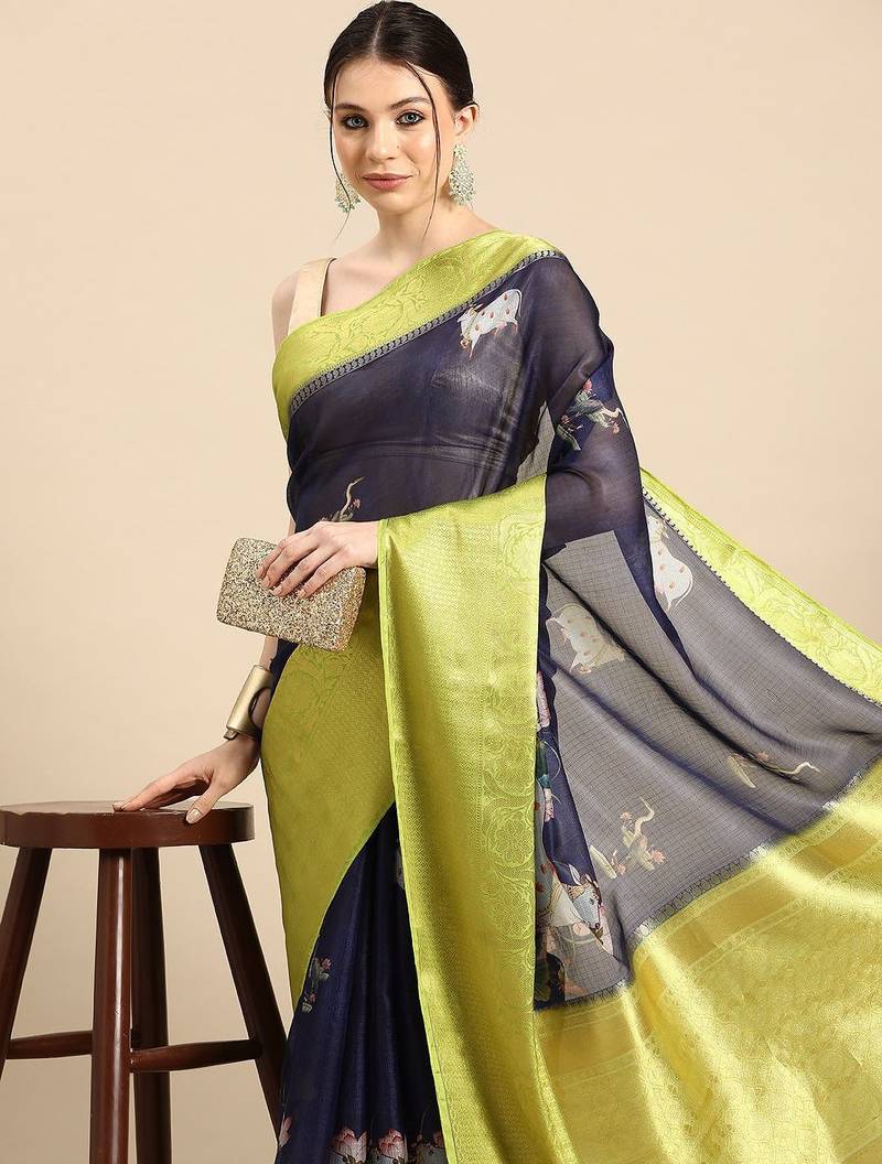 Navy blue printed silk blend ethnic saree with blouse piece