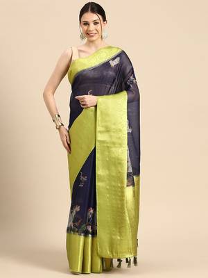 Navy blue printed silk blend ethnic saree with blouse piece 2