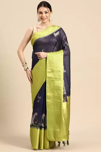 Navy blue printed silk blend ethnic saree with blouse piece
