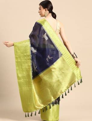 Navy blue printed silk blend ethnic saree with blouse piece 3