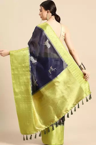 Navy blue printed silk blend ethnic saree with blouse piece