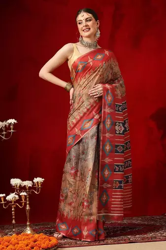 Grey printed cotton blend ethnic saree with blouse piece