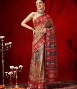 Grey printed cotton blend ethnic saree with blouse piece
