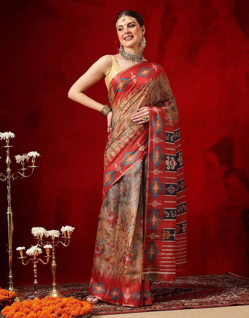 Grey printed cotton blend ethnic saree with blouse piece