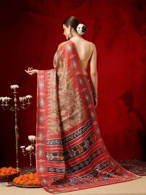 Grey printed cotton blend ethnic saree with blouse piece 2