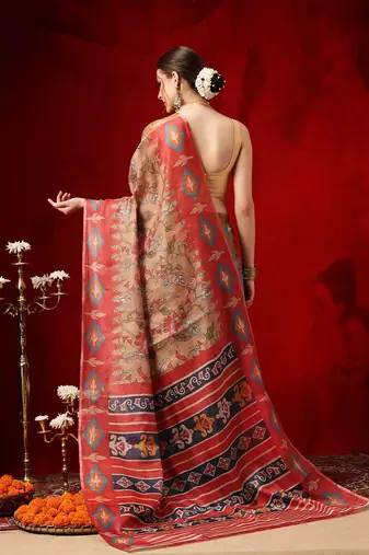 Grey printed cotton blend ethnic saree with blouse piece