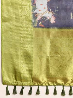 Navy blue printed silk blend ethnic saree with blouse piece 5
