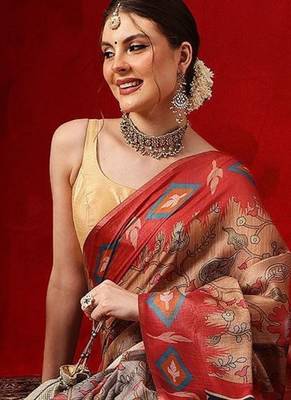 Grey printed cotton blend ethnic saree with blouse piece 3