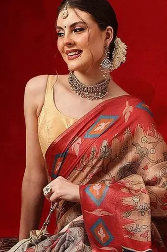 Grey printed cotton blend ethnic saree with blouse piece