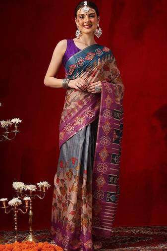 Multicolor printed cotton blend ethnic saree with blouse piece