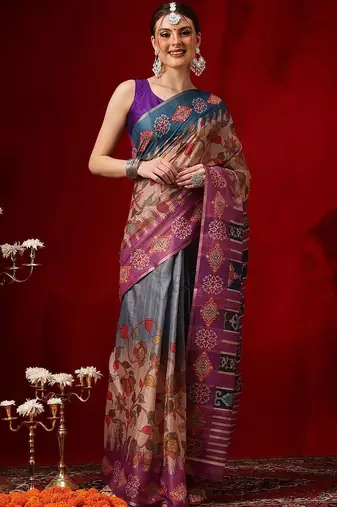 Multicolor printed cotton blend ethnic saree with blouse piece