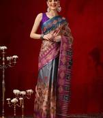 Multicolor printed cotton blend ethnic saree with blouse piece
