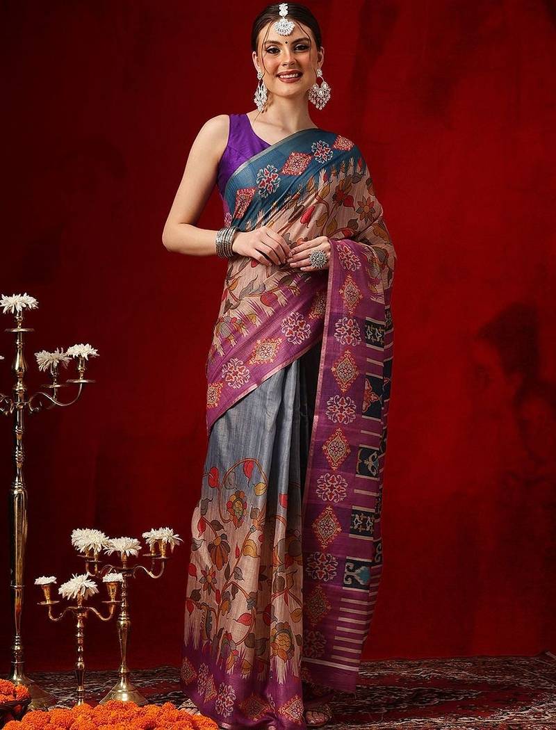 Multicolor printed cotton blend ethnic saree with blouse piece
