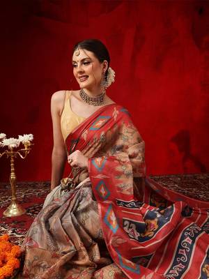 Grey printed cotton blend ethnic saree with blouse piece 4