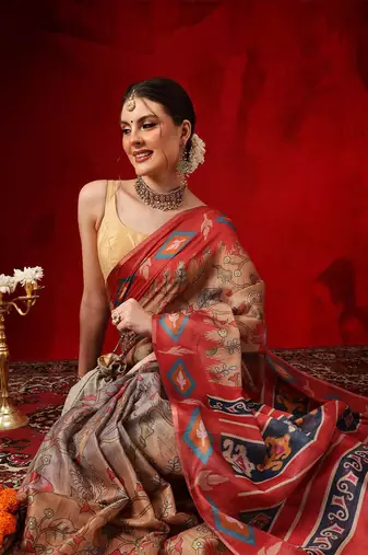Grey printed cotton blend ethnic saree with blouse piece
