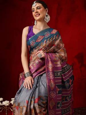Multicolor printed cotton blend ethnic saree with blouse piece 2