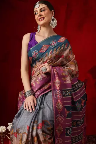Multicolor printed cotton blend ethnic saree with blouse piece
