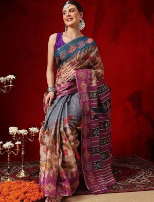 Multicolor printed cotton blend ethnic saree with blouse piece 3