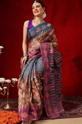Multicolor printed cotton blend ethnic saree with blouse piece