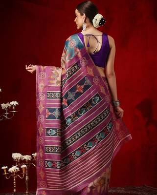 Multicolor printed cotton blend ethnic saree with blouse piece 4