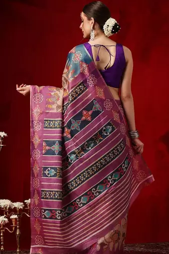 Multicolor printed cotton blend ethnic saree with blouse piece