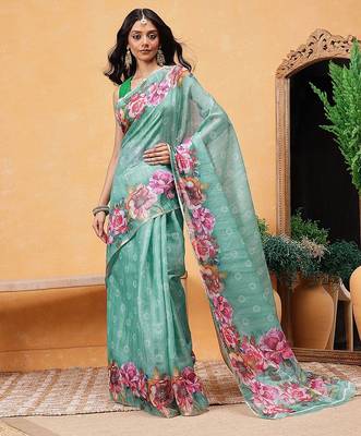 Teal printed silk cotton ethnic saree with blouse piece 2