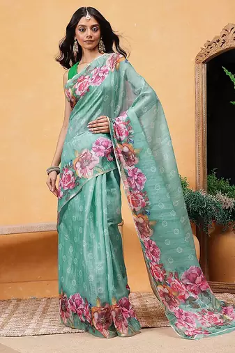 Teal printed silk cotton ethnic saree with blouse piece