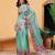 Teal printed silk cotton ethnic saree with blouse piece