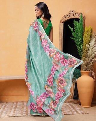 Teal printed silk cotton ethnic saree with blouse piece 3