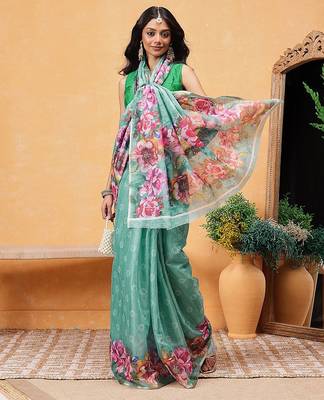 Teal printed silk cotton ethnic saree with blouse piece 4