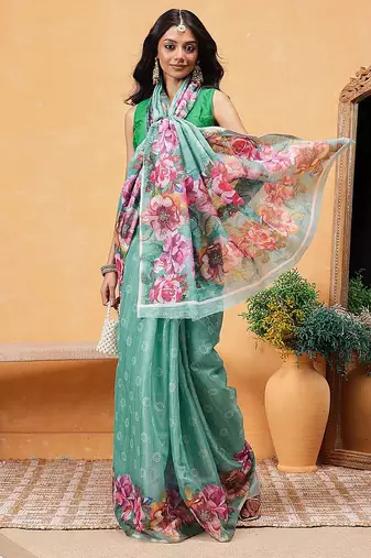 Teal printed silk cotton ethnic saree with blouse piece