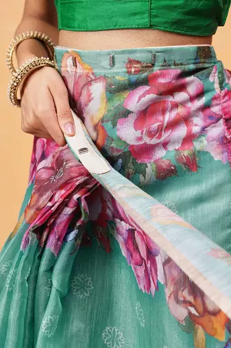 Teal printed silk cotton ethnic saree with blouse piece