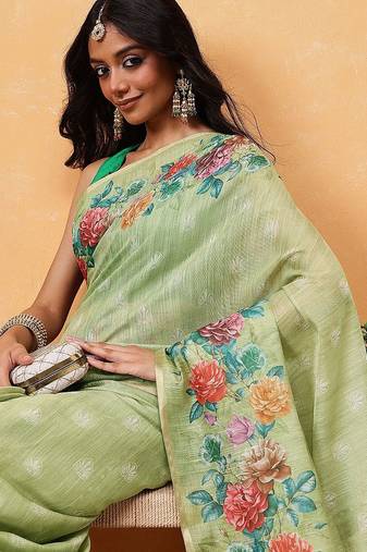 Green printed silk cotton ethnic saree with blouse piece
