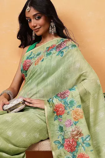 Green printed silk cotton ethnic saree with blouse piece