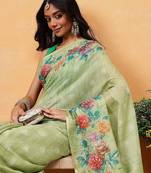 Green printed silk cotton ethnic saree with blouse piece