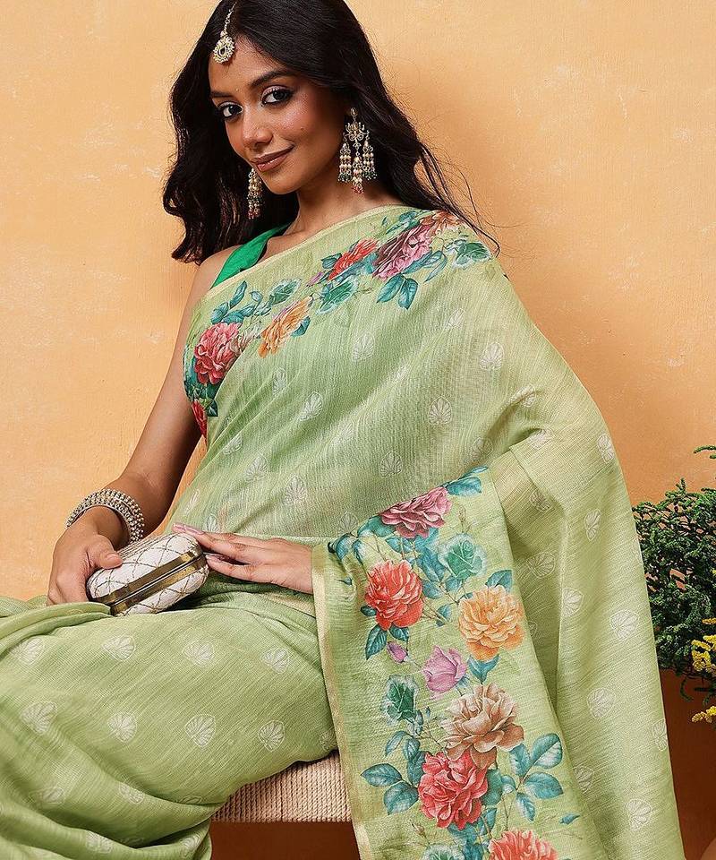 Green printed silk cotton ethnic saree with blouse piece