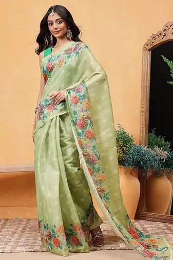 Green printed silk cotton ethnic saree with blouse piece