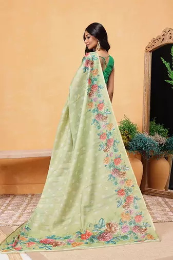 Green printed silk cotton ethnic saree with blouse piece