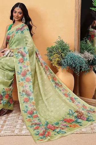 Green printed silk cotton ethnic saree with blouse piece