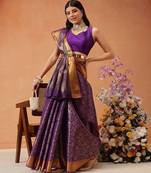 Purple woven silk blend ethnic saree with blouse piece