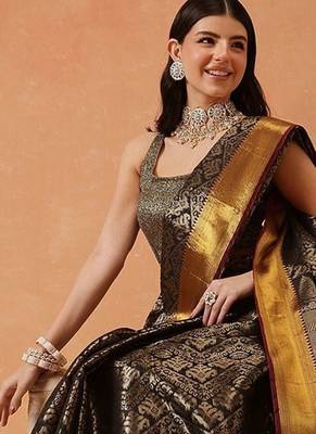 Black woven silk blend ethnic saree with blouse piece 1