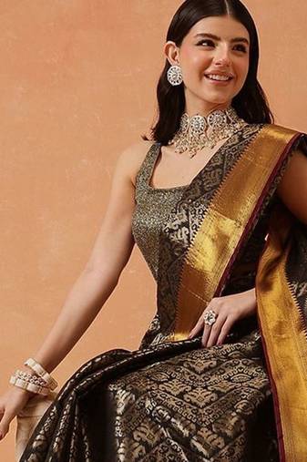 Black woven silk blend ethnic saree with blouse piece
