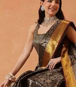 Black woven silk blend ethnic saree with blouse piece