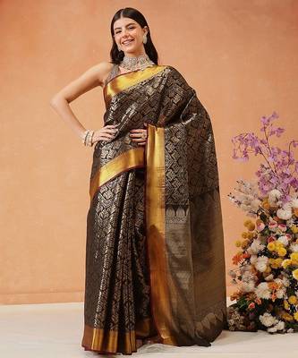 Black woven silk blend ethnic saree with blouse piece 2