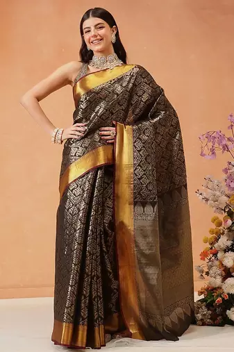 Black woven silk blend ethnic saree with blouse piece